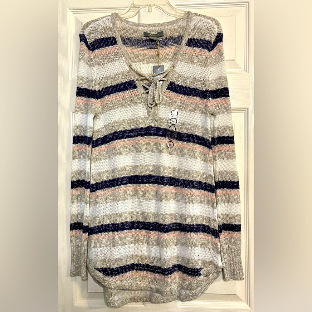 Natural Reflections Striped Tunic Sweater Womens M Beachy Coastal Lace Up Long